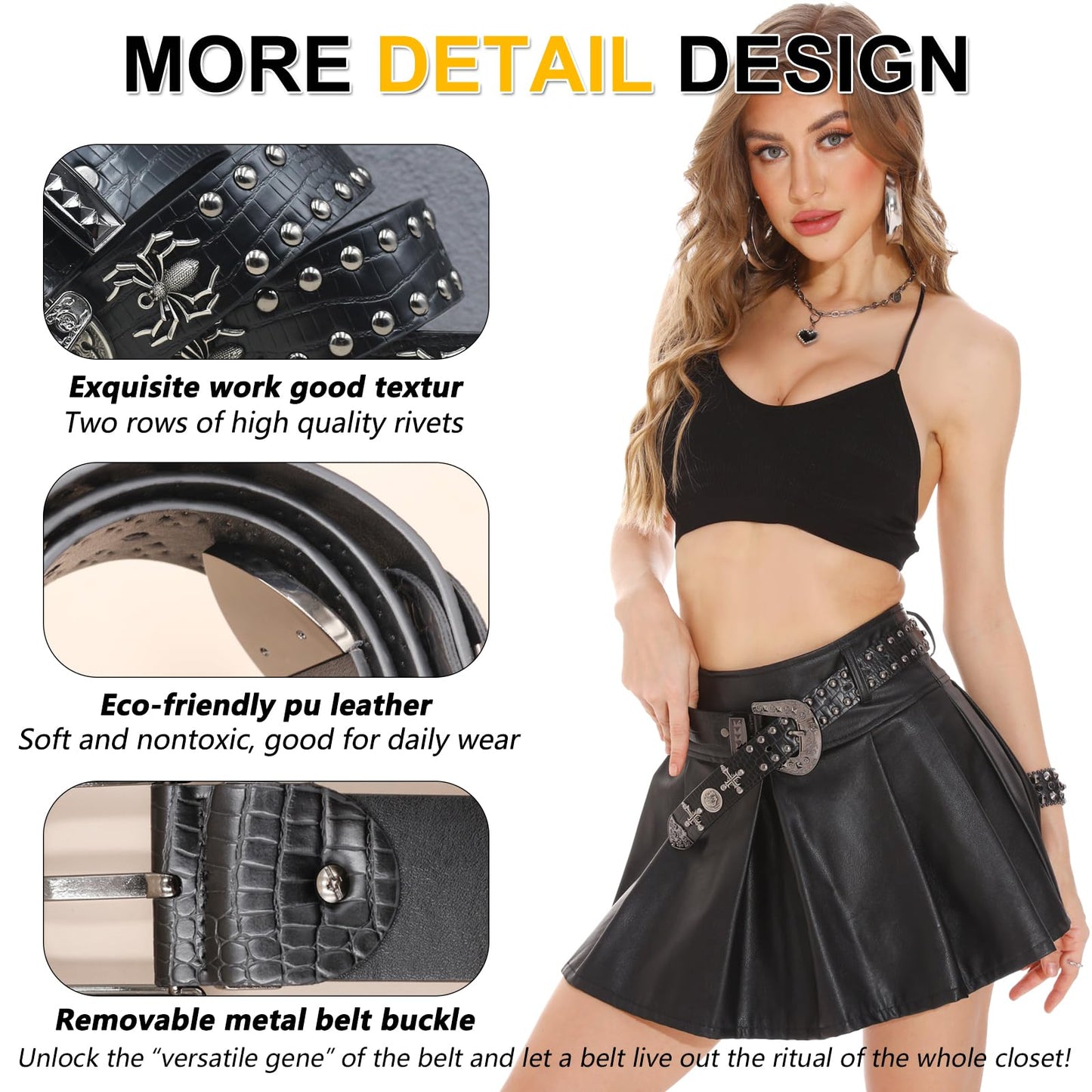 EVERBLTING Black Western Cowboy Belt for Men Women Western Cowboy Cowgirl Y2k Studded Belt Western Punk Studded Belts 115