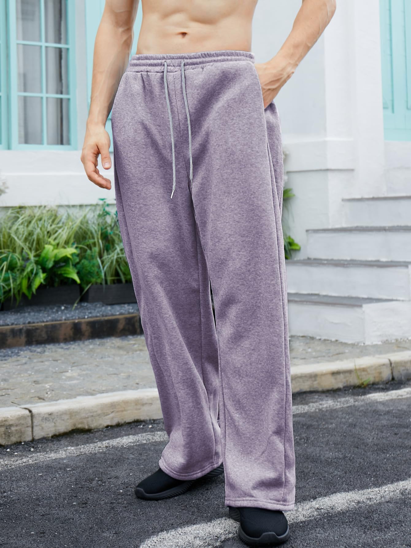 OYOANGLE Men's Drawstring Waist Straight Wide Leg Baggy Pants Workout Athletic Sweatpants with Pocket Grey L