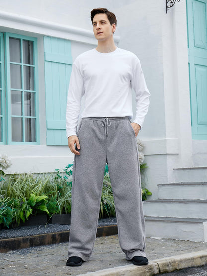 OYOANGLE Men's Drawstring Waist Straight Wide Leg Baggy Pants Workout Athletic Sweatpants with Pocket Grey L