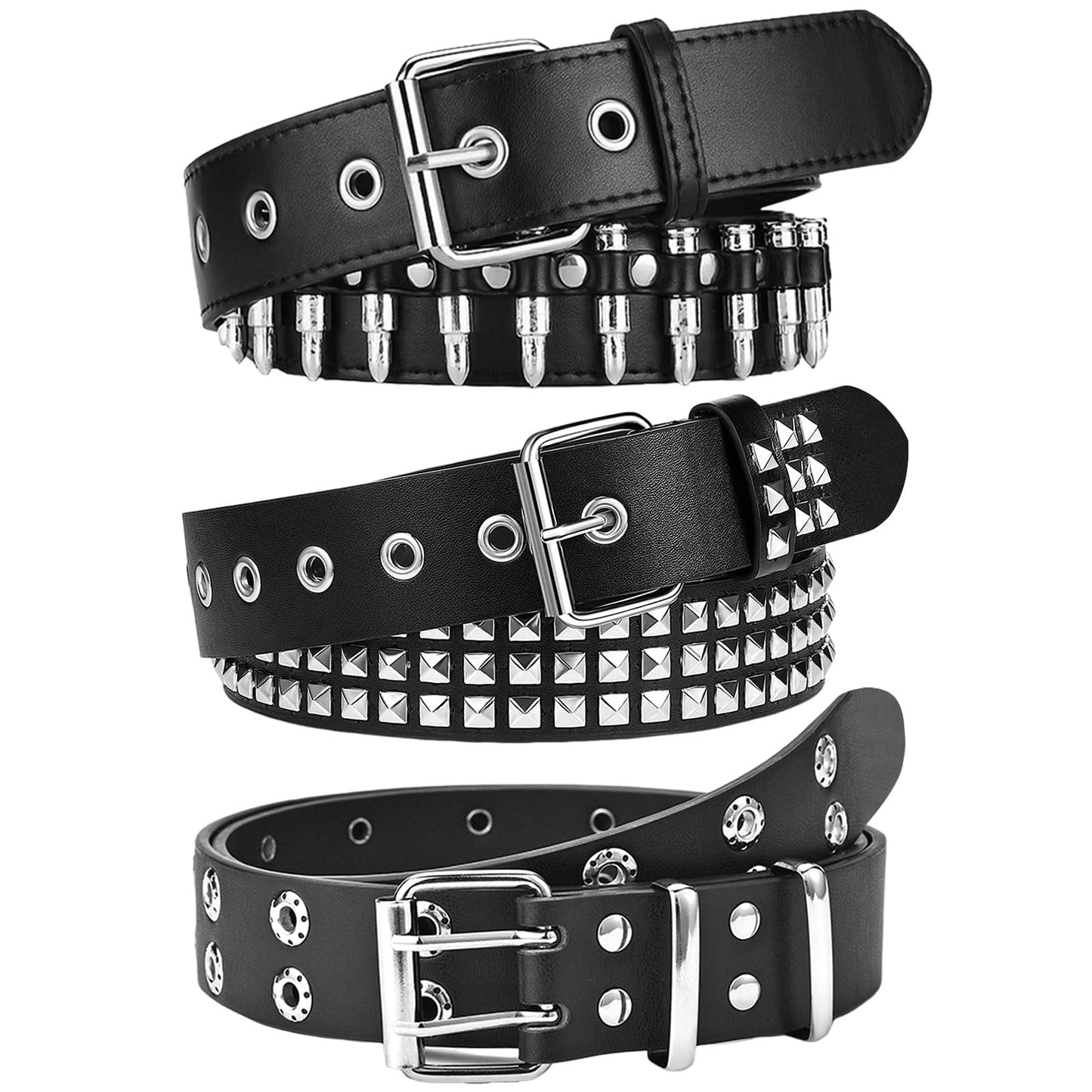 AEXHOT Black Studded Belt Y2K Belt 3 PCS Cool Belts Gothic Punk Rock Belt with Grommet Threads Bright Metal Pyramid for Women Men