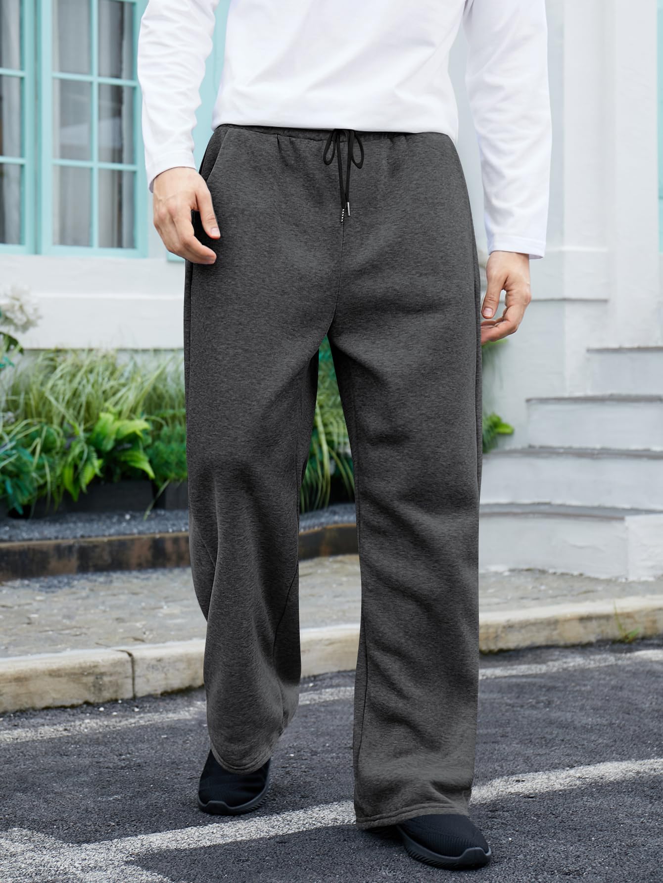 OYOANGLE Men's Drawstring Waist Straight Wide Leg Baggy Pants Workout Athletic Sweatpants with Pocket Grey L