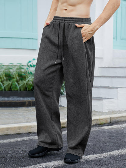 OYOANGLE Men's Drawstring Waist Straight Wide Leg Baggy Pants Workout Athletic Sweatpants with Pocket Grey L