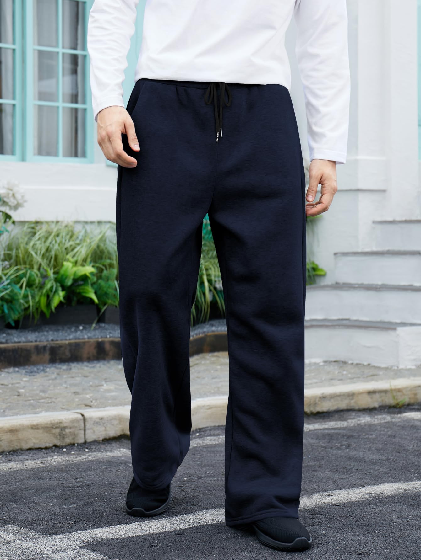 OYOANGLE Men's Drawstring Waist Straight Wide Leg Baggy Pants Workout Athletic Sweatpants with Pocket Grey L