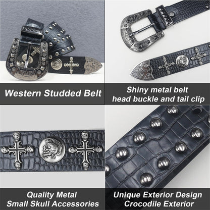 EVERBLTING Black Western Cowboy Belt for Men Women Western Cowboy Cowgirl Y2k Studded Belt Western Punk Studded Belts 115