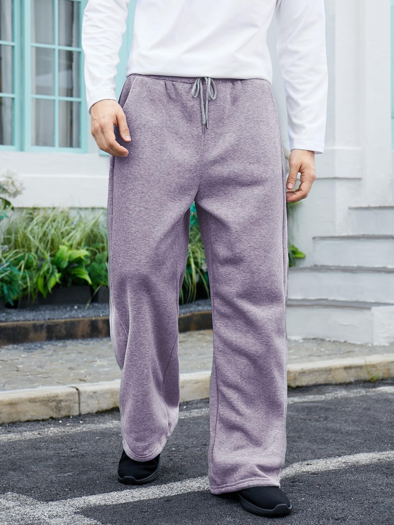 OYOANGLE Men's Drawstring Waist Straight Wide Leg Baggy Pants Workout Athletic Sweatpants with Pocket Grey L