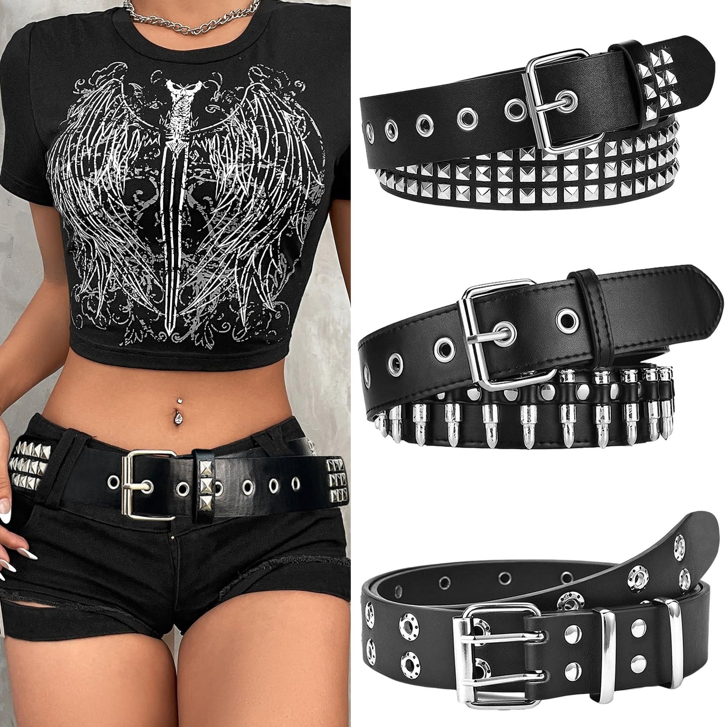 AEXHOT Black Studded Belt Y2K Belt 3 PCS Cool Belts Gothic Punk Rock Belt with Grommet Threads Bright Metal Pyramid for Women Men