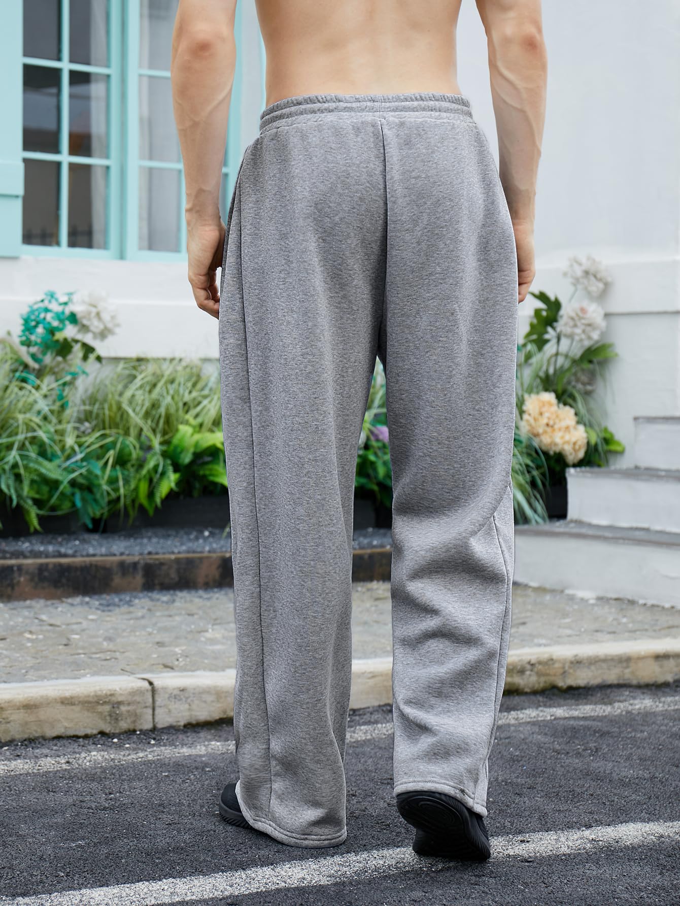 OYOANGLE Men's Drawstring Waist Straight Wide Leg Baggy Pants Workout Athletic Sweatpants with Pocket Grey L