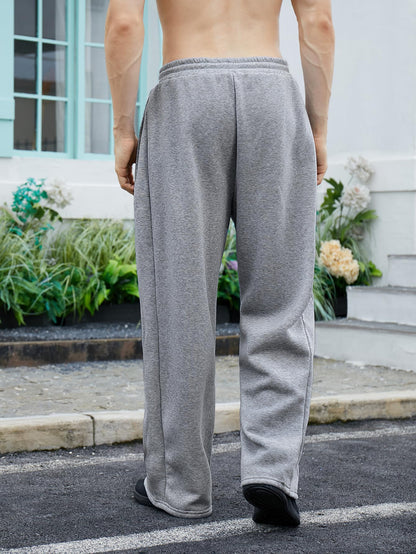 OYOANGLE Men's Drawstring Waist Straight Wide Leg Baggy Pants Workout Athletic Sweatpants with Pocket Grey L