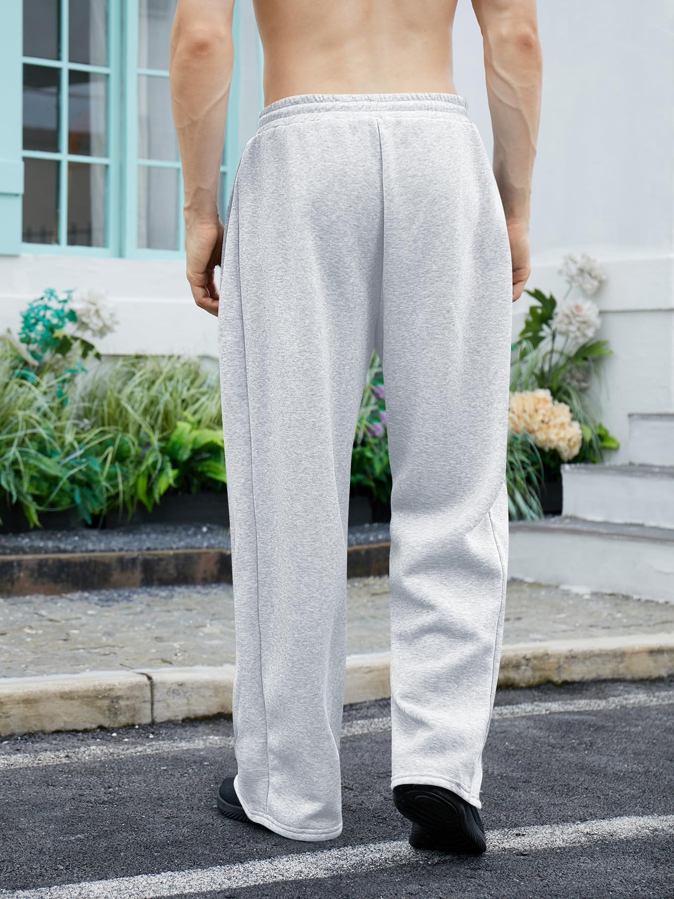 OYOANGLE Men's Drawstring Waist Straight Wide Leg Baggy Pants Workout Athletic Sweatpants with Pocket Grey L