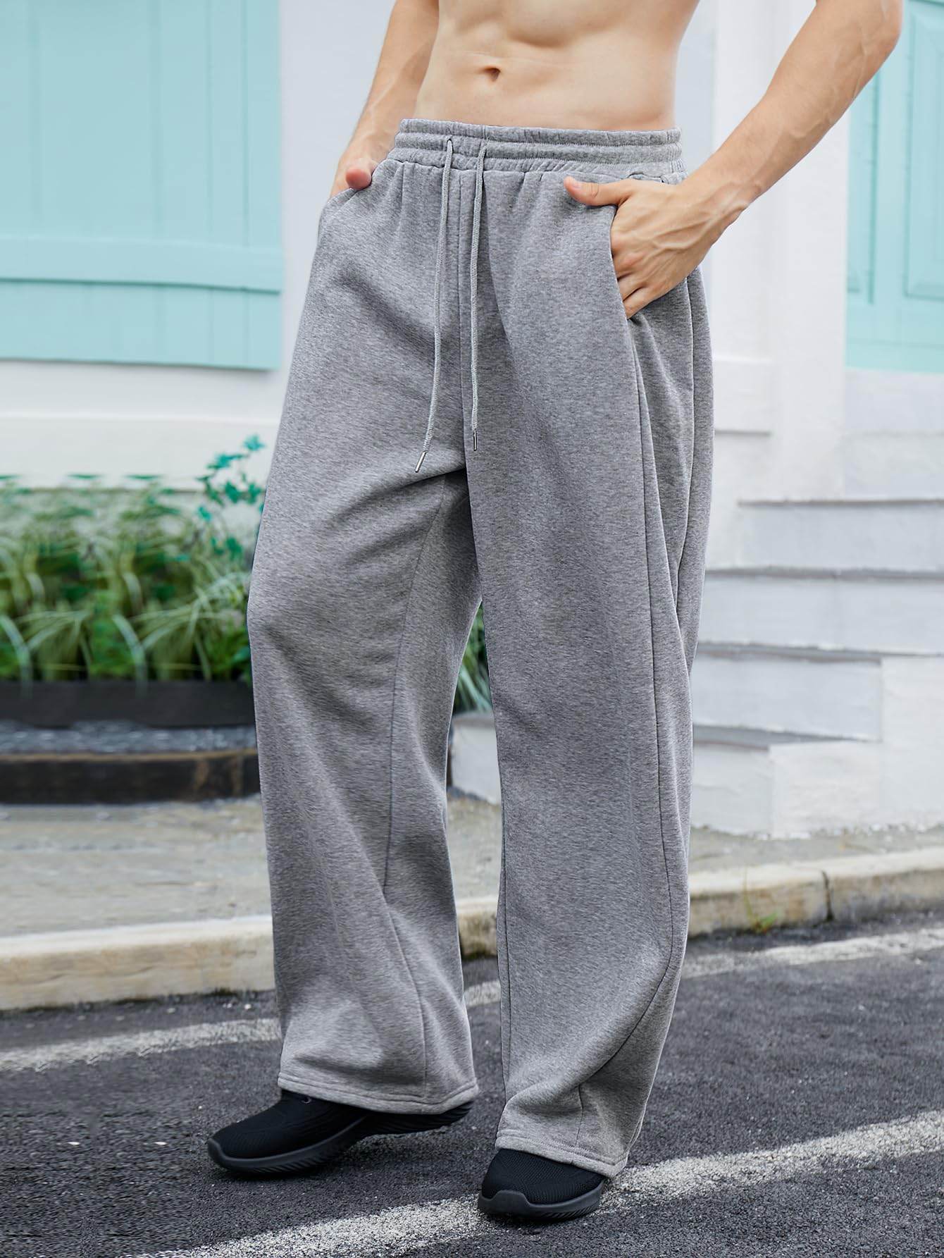 OYOANGLE Men's Drawstring Waist Straight Wide Leg Baggy Pants Workout Athletic Sweatpants with Pocket Grey L