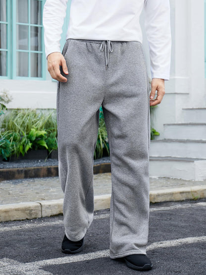 OYOANGLE Men's Drawstring Waist Straight Wide Leg Baggy Pants Workout Athletic Sweatpants with Pocket Grey L