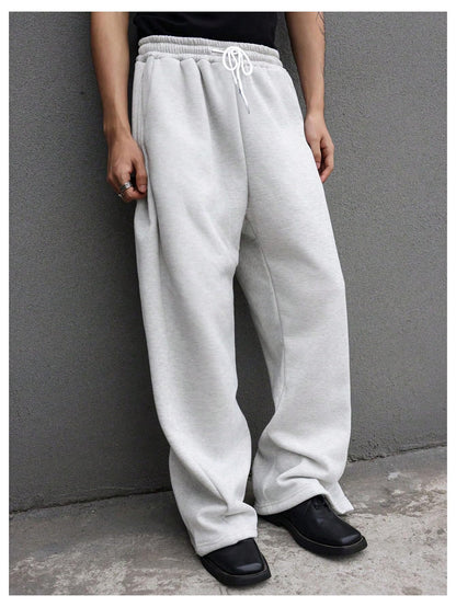 OYOANGLE Men's Drawstring Waist Straight Wide Leg Baggy Pants Workout Athletic Sweatpants with Pocket Grey L
