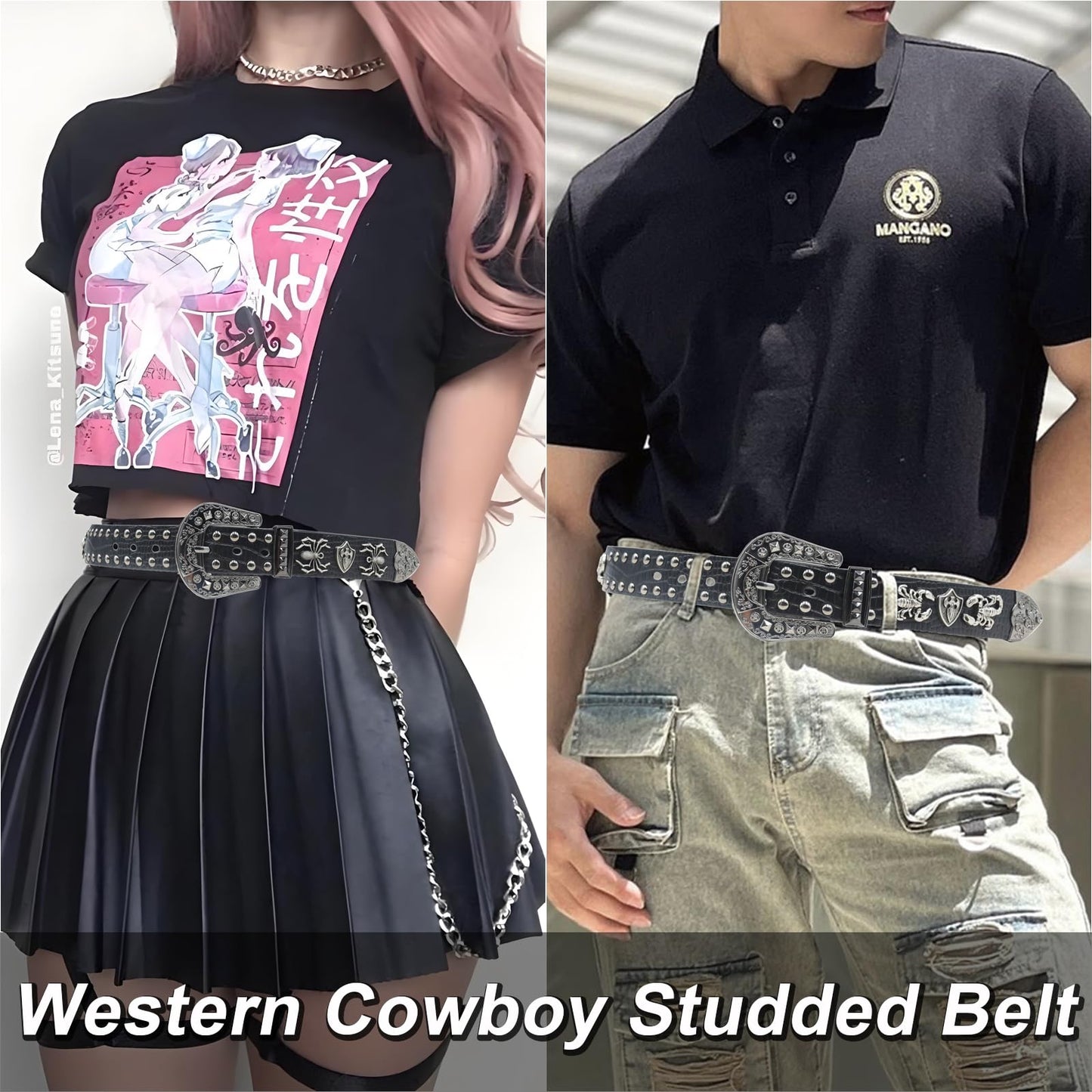EVERBLTING Black Western Cowboy Belt for Men Women Western Cowboy Cowgirl Y2k Studded Belt Western Punk Studded Belts 115